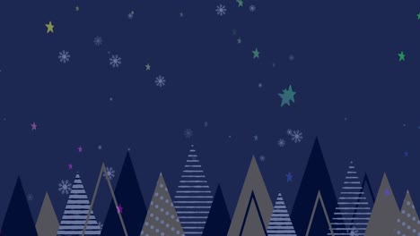 Animation-of-snow-falling-over-fir-trees-on-dark-background