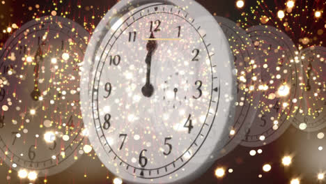 Animation-of-happy-new-year-text-with-fireworks-exploding-and-glowing-lights-over-moving-clock