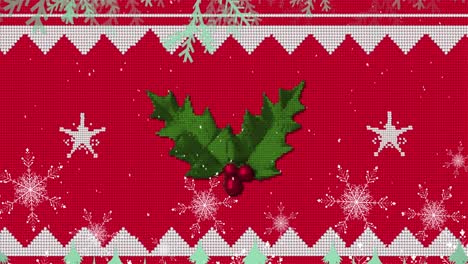 Animation-Von-Mistelzweigen-über-Weihnachtsmuster-Auf-Rotem-Hintergrund