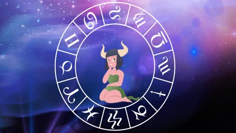 Animation-of-taurus-star-sign-with-horoscope-wheel-spinning-over-stars-on-blue-to-purple-background