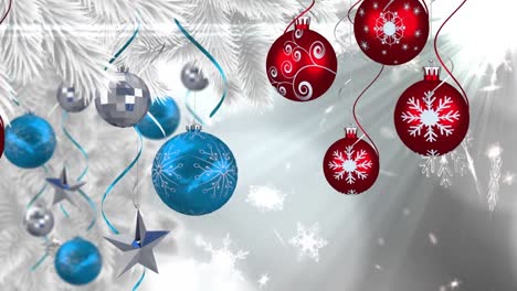 Animation-of-red-and-blue-christmas-tree-balls-over-snow-falling-on-grey-background