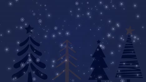 Animation-Von-Schnee,-Der-über-Tannenbäume-Auf-Dunklem-Hintergrund-Fällt