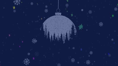 Aniamtion-of-snow-falling-over-fir-trees-in-christmas-baubles