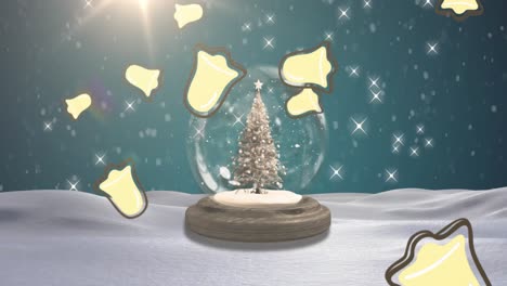 Animation-of-falling-christmas-bells-over-snow-globe-with-christmas-tree-in-winter-scenery