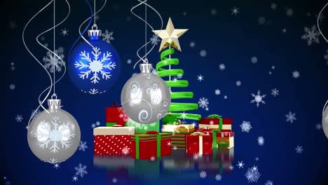 Animation-of-christmas-tree-balls-over-falling-christmas-symbols-on-blue-background