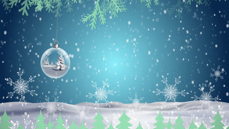 Animation-of-snow-falling-over-christmas-symbols-on-blue-background