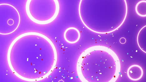 Animation-Von-Konfetti,-Die-über-Leuchtende-Kreise-Auf-Violettem-Hintergrund-Fallen