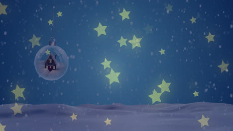 Animation-Von-Sternen,-Die-über-Weihnachtskugeln-In-Einer-Winterlandschaft-Fallen