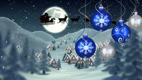 Animation-Von-Weihnachtskugeln-Und-Weihnachtsmann-Im-Schlitten-Mit-Rentieren,-Die-Sich-über-Die-Winterlandschaft-Bewegen