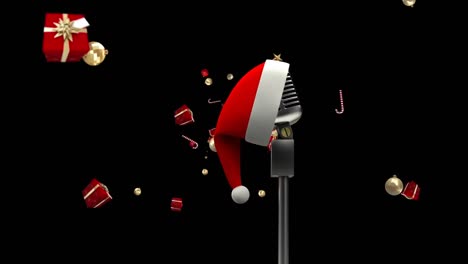 Animation-Einer-Weihnachtsmütze-Auf-Einem-Vintage-Mikrofon-Mit-Fallenden-Weihnachtsgeschenken-Auf-Schwarzem-Hintergrund