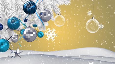 Animation-of-snow-falling-over-christmas-baubles-decoration-on-winter-landscape