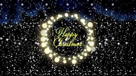 Animation-of-happy-christmas-text-in-fairy-lights-frame-over-snow-falling-on-black-background