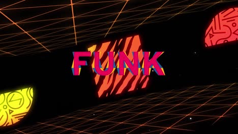 Animation-Von-Funk-Text-über-Rotem-Kreis-Und-Orangefarbenem-Gitter-Auf-Schwarzem-Hintergrund