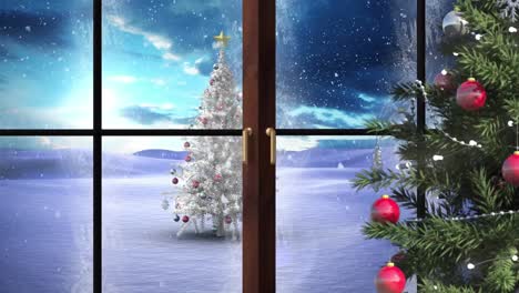 Animación-Del-árbol-De-Navidad-Y-La-Ventana-Sobre-El-Paisaje-Invernal.