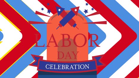 Animation-of-labor-day-celebration-text-and-police-siren-over-blue,-red-and-white-arrows