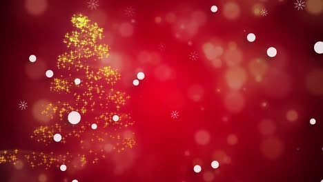 Animation-Eines-Weihnachtsbaums-über-Schnee,-Der-Auf-Roten-Hintergrund-Fällt