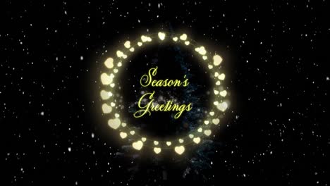 Animation-of-seasons-greetings-text-in-fairy-lights-frame-over-snow-falling-on-black-background