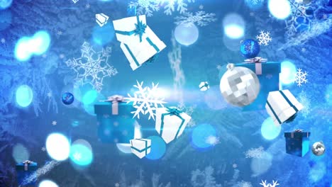 Animation-Von-Schnee-Und-Geschenken,-Die-Auf-Blauen-Hintergrund-Fallen