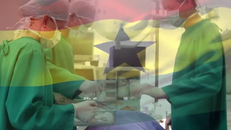 Animation-Der-Flagge-Ghanas,-Die-über-Chirurgen-Im-Operationssaal-Weht