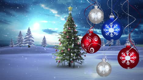Animation-of-christmas-baubles-decoration-over-snow-falling,-christmas-tree-and-winter-landscape