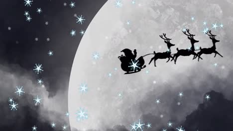 Animation-of-santa-claus-in-sleigh-with-reindeer-moving-over-moon-and-snowflakes-falling