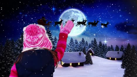 Animation-of-winter-scenery-with-girl-waving-and-santa-in-sleigh-with-reindeer