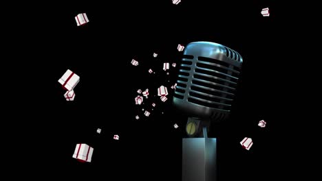 Animation-of-vintage-microphone-with-christmas-presents-falling-on-black-background