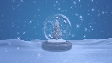 Animation-Des-Weihnachtsbaums-über-Fallendem-Schnee-Und-Winterlandschaft