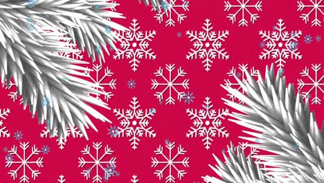 Animation-of-snow-falling-with-white-fir-trees-on-red-background