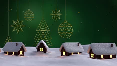 Animation-Von-Weihnachtsformen-über-Fallendem-Schnee-Mit-Häusern-Auf-Grünem-Hintergrund