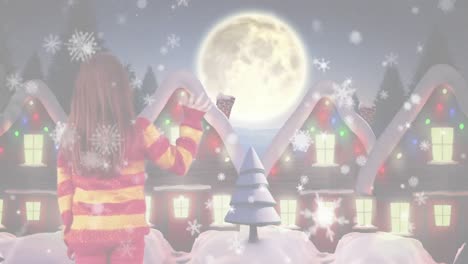 Animation-of-winter-scenery-with-girl-waving-and-santa-in-sleigh-with-reindeer