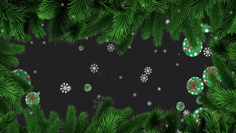 Animation-of-snow-falling-and-christmas-baubles-decoration-with-fir-trees-on-black-background