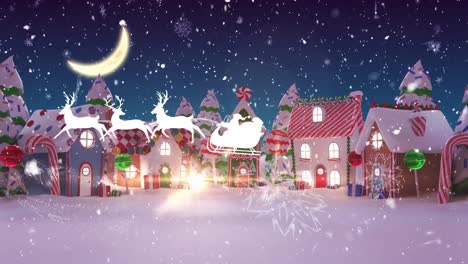 Animation-of-snow-falling-over-winter-scenery-and-santa-claus-with-reindeer