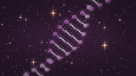 Animation-of-dna-strand-rotating-over-glowing-stars-on-black-background
