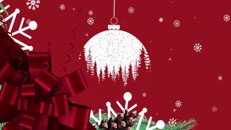 Animation-Einer-Weihnachtskugel-über-Schnee,-Der-Auf-Roten-Hintergrund-Fällt