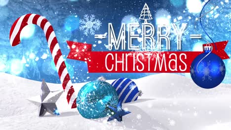 Animation-of-merry-christmas-text-over-christmas-decoration-with-snow-falling-and-winter-landscape