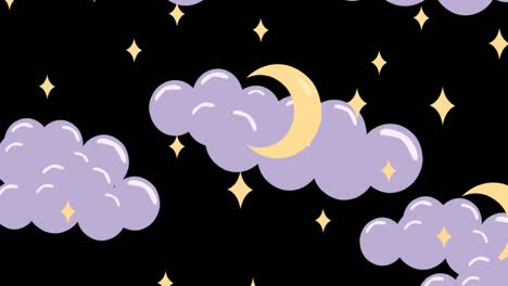Animation-Von-Mond,-Sternen-Und-Wolken,-Die-Sich-Auf-Schwarzem-Hintergrund-Bewegen