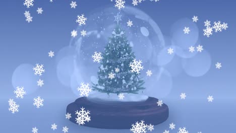 Animation-of-christmas-tree-over-snow-falling-on-blue-background