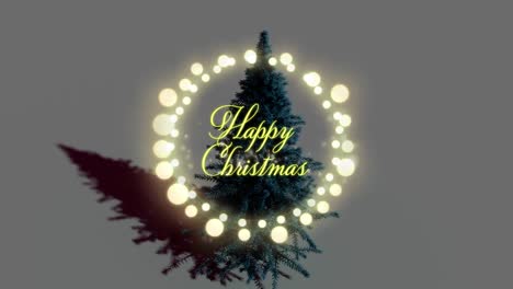 Animation-of-happy-christmas-text-in-fairy-lights-frame-over-fir-tree-on-black-background