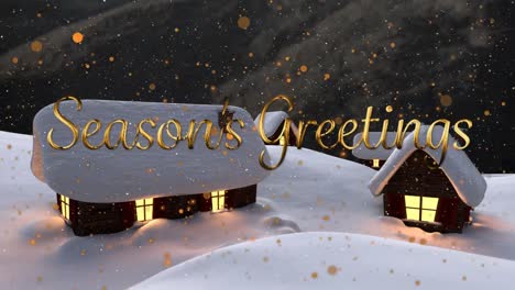 Animation-of-seasons-greetings-text-over-winter-landscape