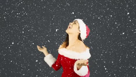 Animation-of-smiling-woman-wearing-santa-costume-over-snow-falling