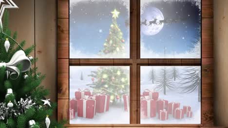 Animation-of-winter-scenery-with-santa-in-sleigh-with-reindeer