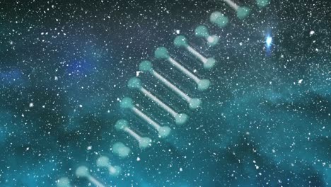 Animation-of-dna-strand-rotating-over-snow-falling-on-black-background