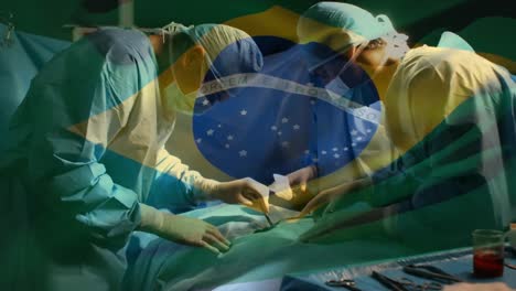 Animation-Der-Brasilianischen-Flagge,-Die-über-Chirurgen-Im-Operationssaal-Weht