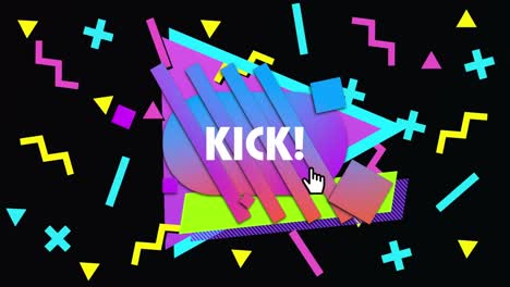 Animation-of-kick-text-over-colorful-shapes-on-dark-background