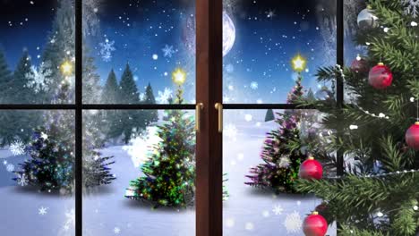 Animation-of-christmas-tree-and-window-over-winter-landscape