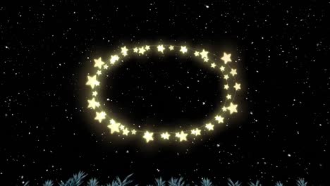 Animation-of-fairy-lights-frame-with-copy-space-over-snow-falling-on-black-background