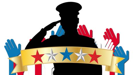 Animation-of-red,-white-and-blue-stars,-hands-and-soldier-over-white-background