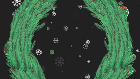 Animation-of-christmas-wreath-over-snow-falling-on-black-background