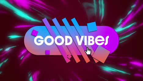 Animation-of-good-vibes-text-over-pink-and-purple-lights-on-dark-background